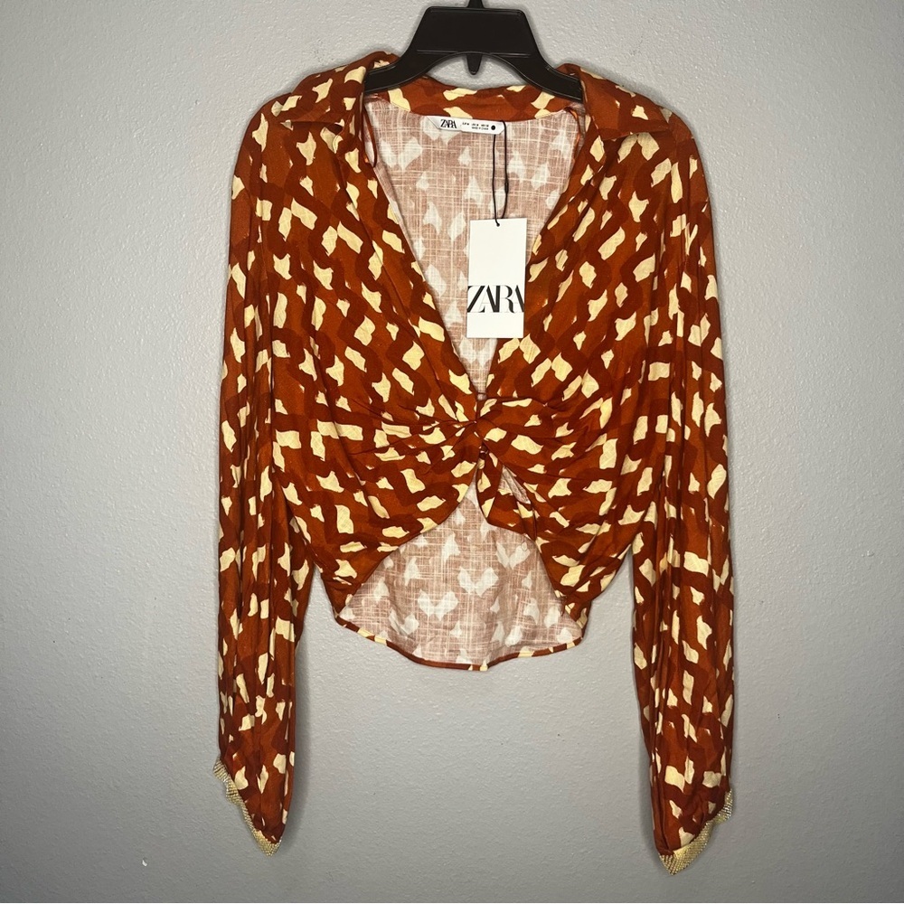 Zara Linen Crop Blouse Knot Tie Women Medium Beaded Cuff Casual Classy‎ NWT